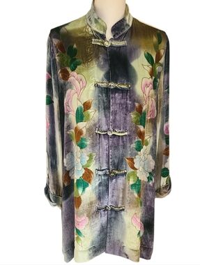 soft surroundings velvet floral mandarin collar button front jacket size L